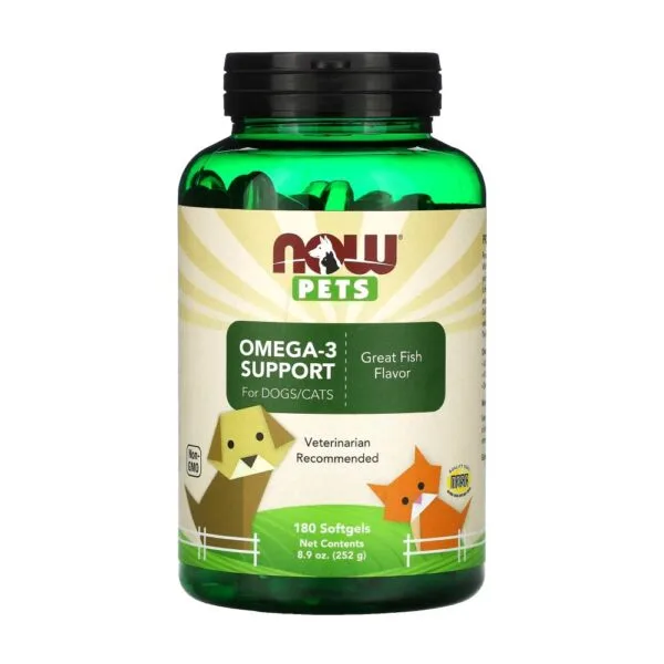 Pets Omega-3 Support (Ulei de Peste pentru Caini si Pisici), 180 capsule moi, Now Foods